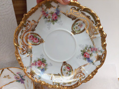 VTG /ANTIQUE LIMOGES J POUYAT BERNARDAUD FLORAL GILDED 3 CUPS SAUCERS FRANCE