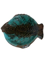 Vintage 😊 Redware Pottery Unbranded Fish Trinket Dish Brown & Aqua Glaze