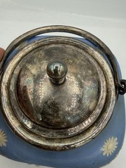 Rare Wedgwood Blue Jasperware Biscuit Barrel Square Metal Lid England 5 3/4” Sq