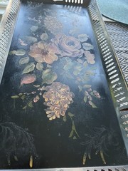 Antique Black Toleware Tray Long Hand Painted Reticulated Metal 24.5 x 12.5”