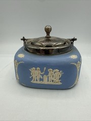 Rare Wedgwood Blue Jasperware Biscuit Barrel Square Metal Lid England 5 3/4” Sq