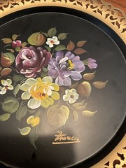 Vintage Nashco Toleware 12” Round Tray-Hand Painted Signed Reticulated Edge