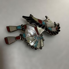 Native American Zuni Turquoise Coral Jet Mother of Pearl Brooch Pendant 7cm Used