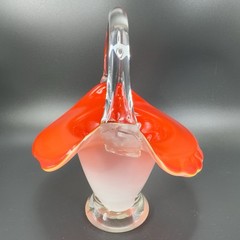 Vintage 1980s Venetian Art Glass Basket Bowl With Handle Red White Art Glass VTG
