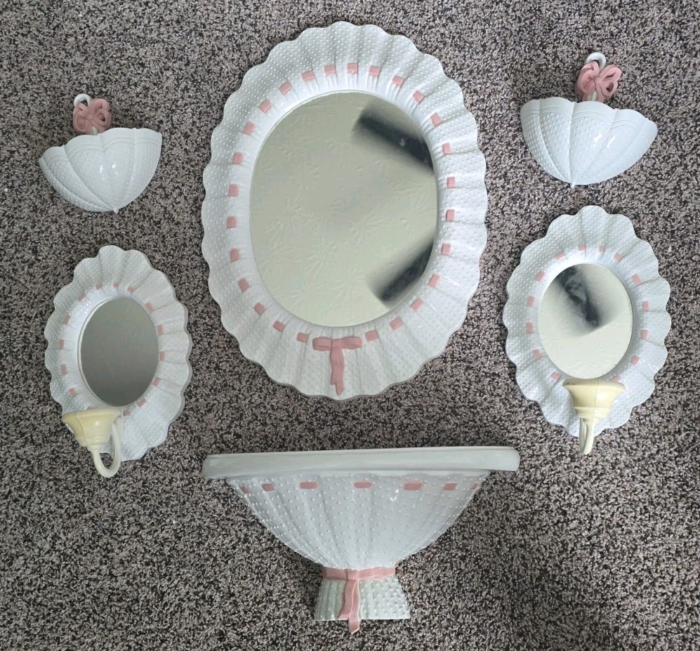 6pc Burwood Hobnail Mirrored Scones Candle Holders, Shelf & Center Mirror 1980’s