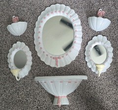 6pc Burwood Hobnail Mirrored Scones Candle Holders, Shelf & Center Mirror 1980’s