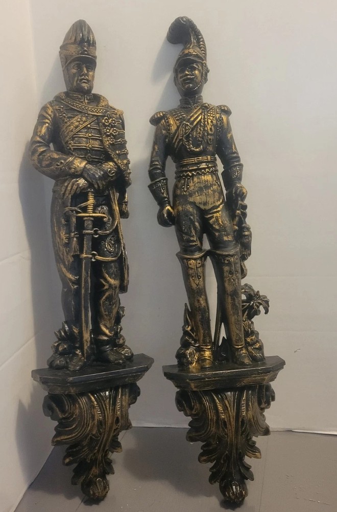 Vintage Pair 1965 Burwood Medieval Soldiers knight Wall Hanging Black & Gold
