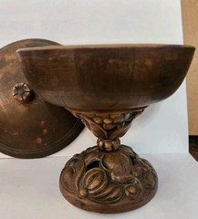 Vintage Footed Wood / Resin ? Candy Trinket Dish Etched Carved Floral w/ Lid