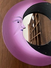 1990s Celestial Crescent Moon & Stars 12” Round Handpainted Wooden Mirror purple
