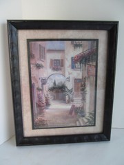 European Street Scene Picture Frame 11″x9″ Cafe’ Brick Floral Buildings Vtg F