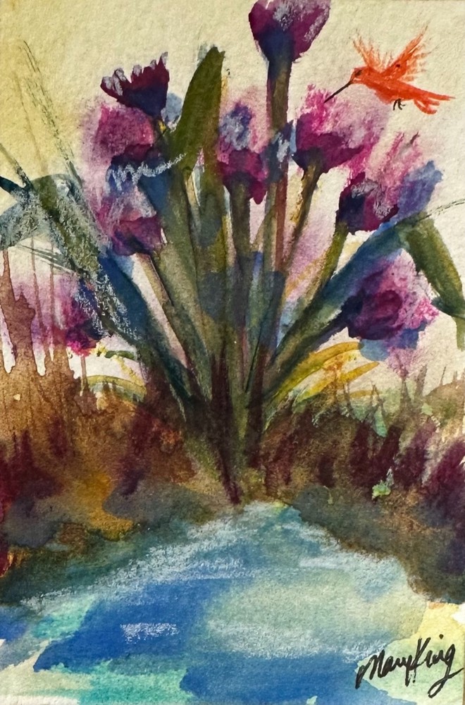 Original Watercolor Painting 2.5″x 3.5″ ACEO by Mary King – Flowers by the Water