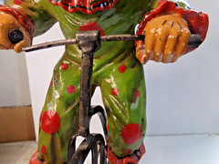 Vintage CLOWN ON BIG WHEEL Bicycle + display stand 16″ tall unbranded