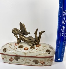 Hung Hei Trinket Box Dresser Fairy Angel Handle Art Nouveau Style Ceramic 9”