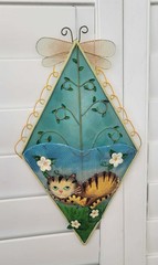 VTG 1990’s Hand-Painted Cat Wall Pocket, Tin w/Metal Mesh & Dragonfly Accents