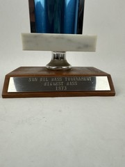Bass Fishing Trophy “Biggest Bass” 1973 W/ Metal Fish Topper & Marble 15” VTG GC