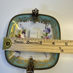 Antique Limoges Porcelain Ashtray w Gilt Bronze Floral France 4.5” Square