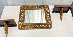 Vintage HOMCO Home Interiors Syroco Faux Wicker & Scroll Mirror Wall & 2 Shelves