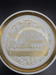 2 Vtg Porcelain Porsgrund Norway Viking Ships 4″ Mini Plate Trinket Dish Coaster