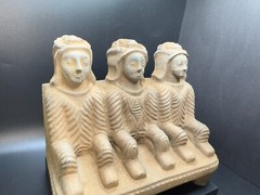 Rare Bactrian Sandstone Sculpture – Seated Trio – Ancient Central Asian Artifact