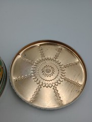 Vintage Art Deco 1930s Colorful Tin Container Round Storage Teal Yellow Silver