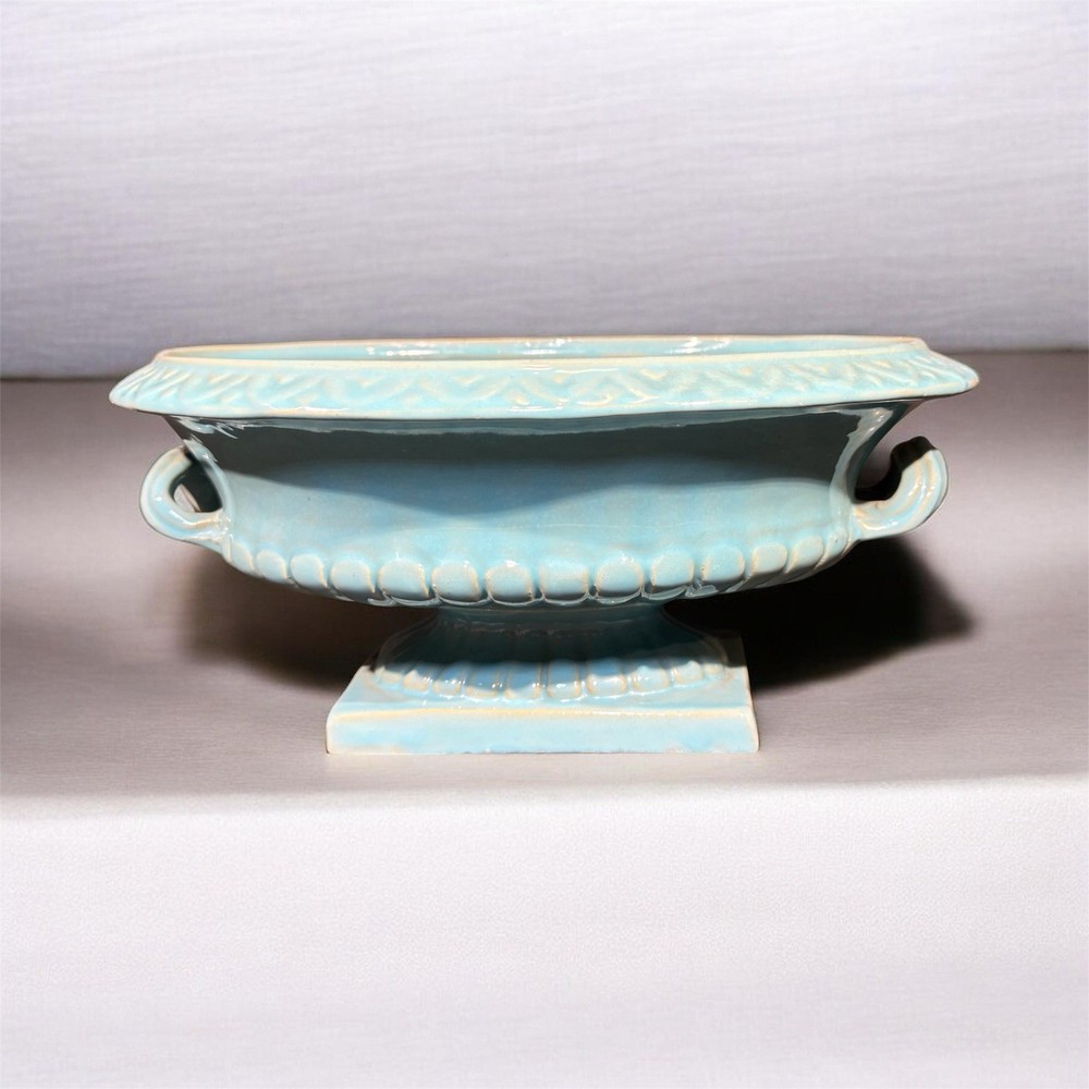 Turquoise Ceramic compote bowl w/relief decoration and handles. Made In Italy