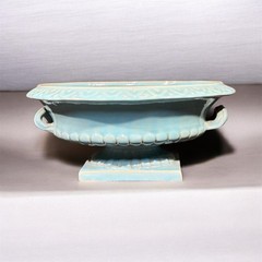 Turquoise Ceramic compote bowl w/relief decoration and handles. Made In Italy
