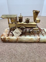 Vtg Signed DeMott Brass & Copper “Western Express” Train Sculpture on Onyx Base