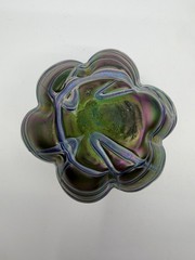 Pallme König & Habel Art Nouveau Iridescent Fadendekor Green Glass Vase Chips