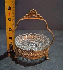 Vintage Ornate Cut Glass Trinket Bowl w/Brass Holder – 5″ Tall- Damage-*READ*
