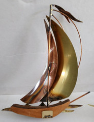2 Unique Mid-Century Brass, Copper & Wood 8″ & 10.5″ Sailboat Wall Hangings