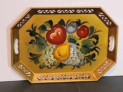 Vtg Toleware Metal Octagon Gold Tray Hand Painted Fruit Reticulated Handles
