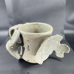 Hand Made Stoneware Pottery Large Heavy Mug Cup 3D Sea Creatures Marked Handle