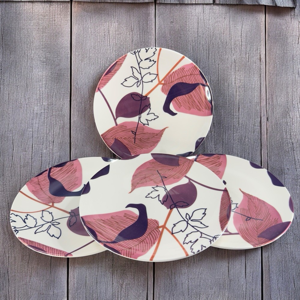 POTTERY BARN Graphic Harvest Ceramic Dish Plate Made In Brazil Round New Set 4