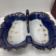 AntiqueGermany Shell Design White, Blue & Gold Divided Handled Serving Dish READ