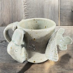 Hand Made Stoneware Pottery Large Heavy Mug Cup 3D Sea Creatures Marked Handle