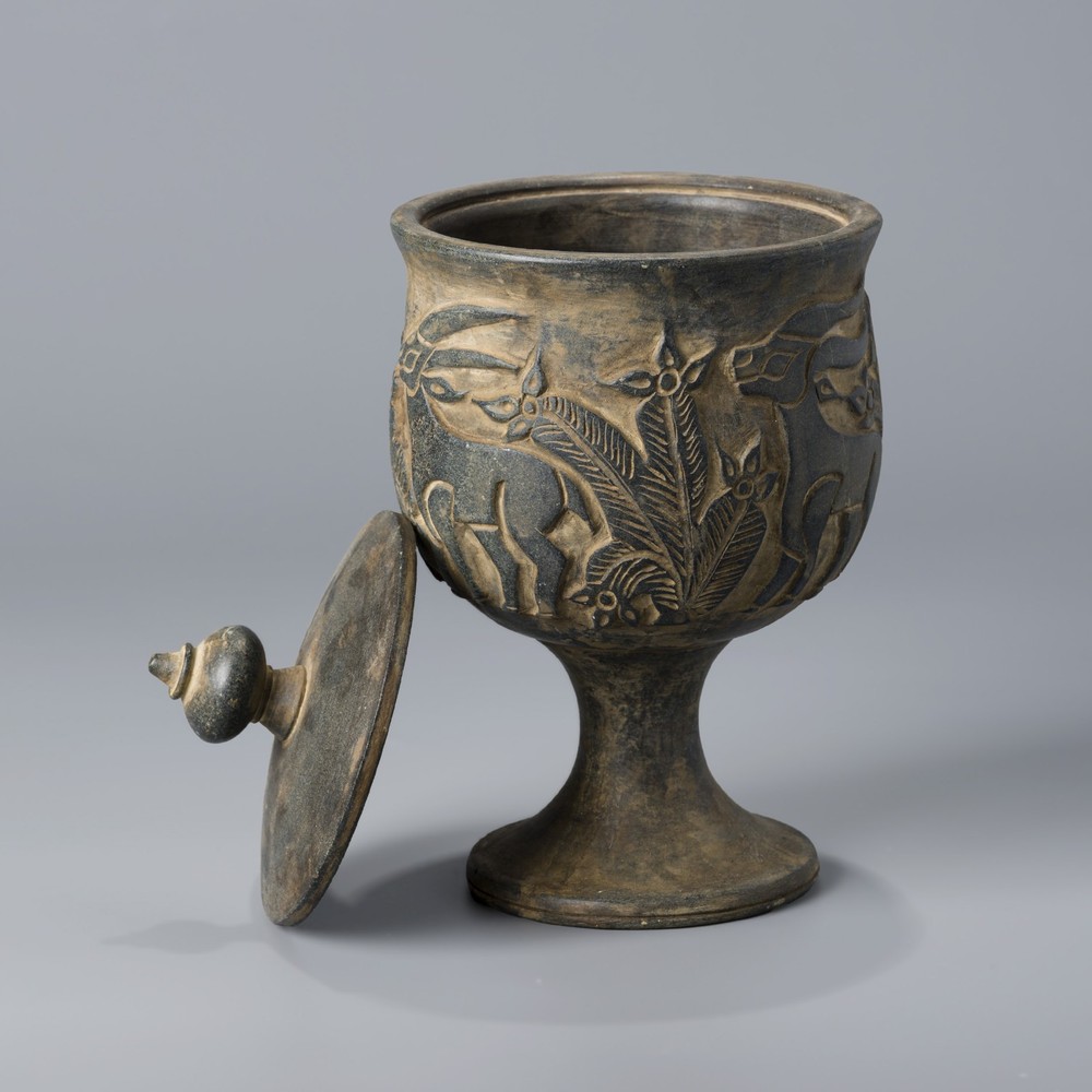Rare Near Eastern Chlorite Stone Vase with Deer and Floral Motifs