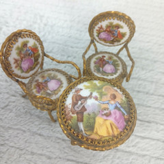 Vintage Limoges France Miniature Bistro Table And Chairs Set of 3 Dolls House