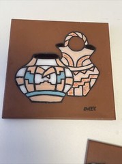 Lot 3 Art Pottery 6″ Tiles Hand Painted Signed Southwestern Design Trivets