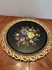 Vintage Nashco Toleware 12” Round Tray-Hand Painted Signed Reticulated Edge