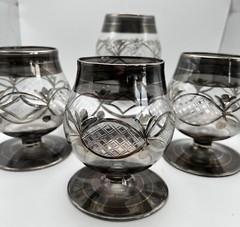 Hand Blown Egyptian Art Glass Brandy Snifters Platinum Etched Set of 4