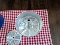 9.5″high BLUE Metal Enamaled Percolator w/SUNFLOWERS-BUTTERFLIES decals x DECOR