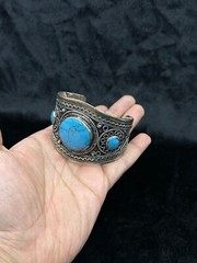 Vintage Afghani Silver Handmade Adjustable Bangle With Turquoise Stone