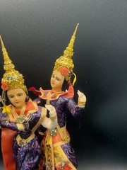 Thailand Traditional Colorful Dancing Dolls Pair Handmade Purple Wood Base 11″