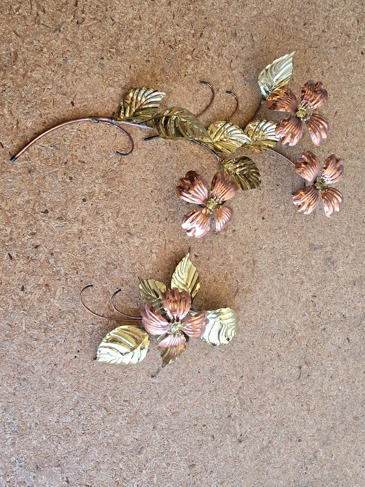Vintage Mid-Century Brass Copper Metal Flowers Leaves Wall Art Decor