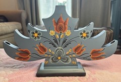 Vintage Norwegian Nordic Blue Rosemaling Wood Candle Holder Candelabra Folk Art