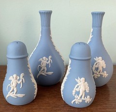 Wedgwood Blue Jasperware Four Seasons Cherubs Salt & Pepper AND Pair Bud Vases