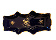 Limoges Castel France Black Porcelain Trinket Vanity Tray Gold Floral 9″ Scallop