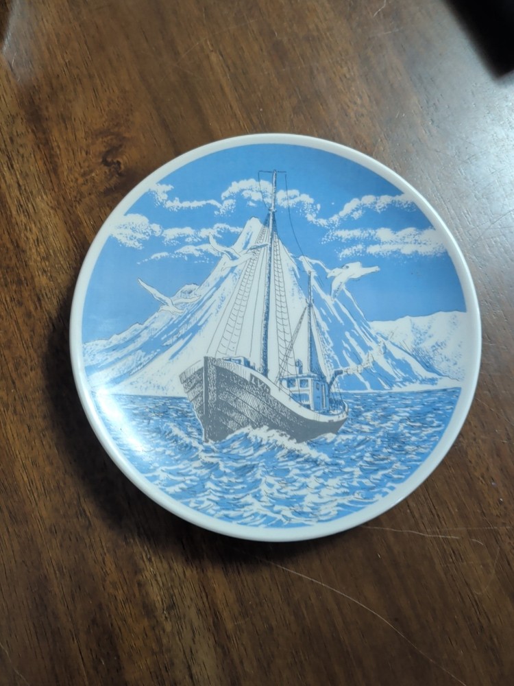 Vintage Porsgrund Norway Fishing Boat Plate Home Decor Wall Hanging 7″ Plate