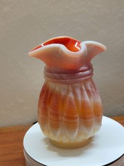 1940 Akro Agate Slag Glass Pitcher Orange Red Creamy White Swirl UV Glow