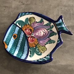 Hand Painted Pottery Fish Greece Blue Artsy Decor Nautical Coastal Trinket Dish
